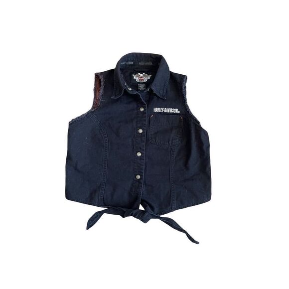 Vintage 2004 HARLEY-DAVIDSON Embroidered Black Denim Front Tie Sleeveless Top XS - Picture 1 of 5